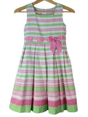 Bonnie Jean Girls Sleeveless Dress Pink Green SZ 10 Stripe Zip Wide Pleat Spring